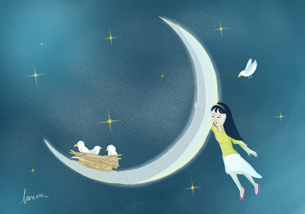 Ilustração com estilo infantil de mulher segurando uma lua minguante olhando para um ninho de pássaros brancos apoiado na lua. Fundo azul, estrelado e com um pássaro azul acima da mulher, voltando para o ninho.