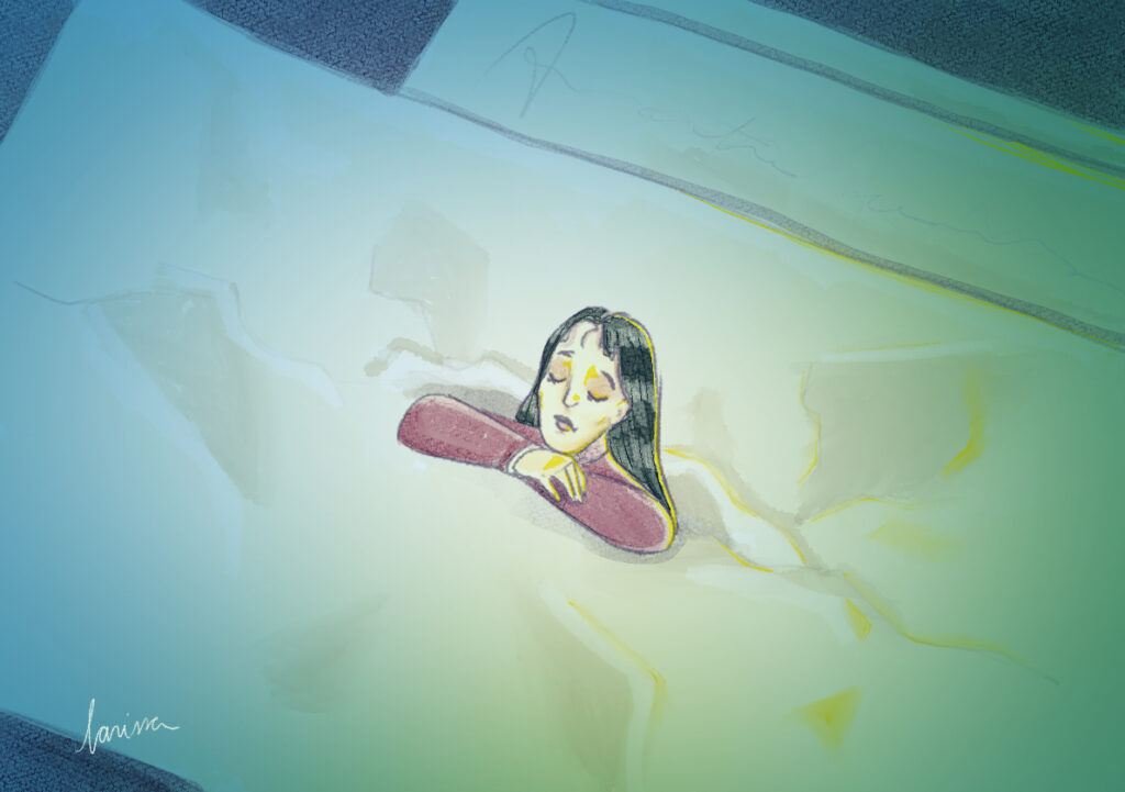 Ilustração de mulher saindo de dentro de uma página rasgada. Apoiada sob os braço, com aparência cansada.