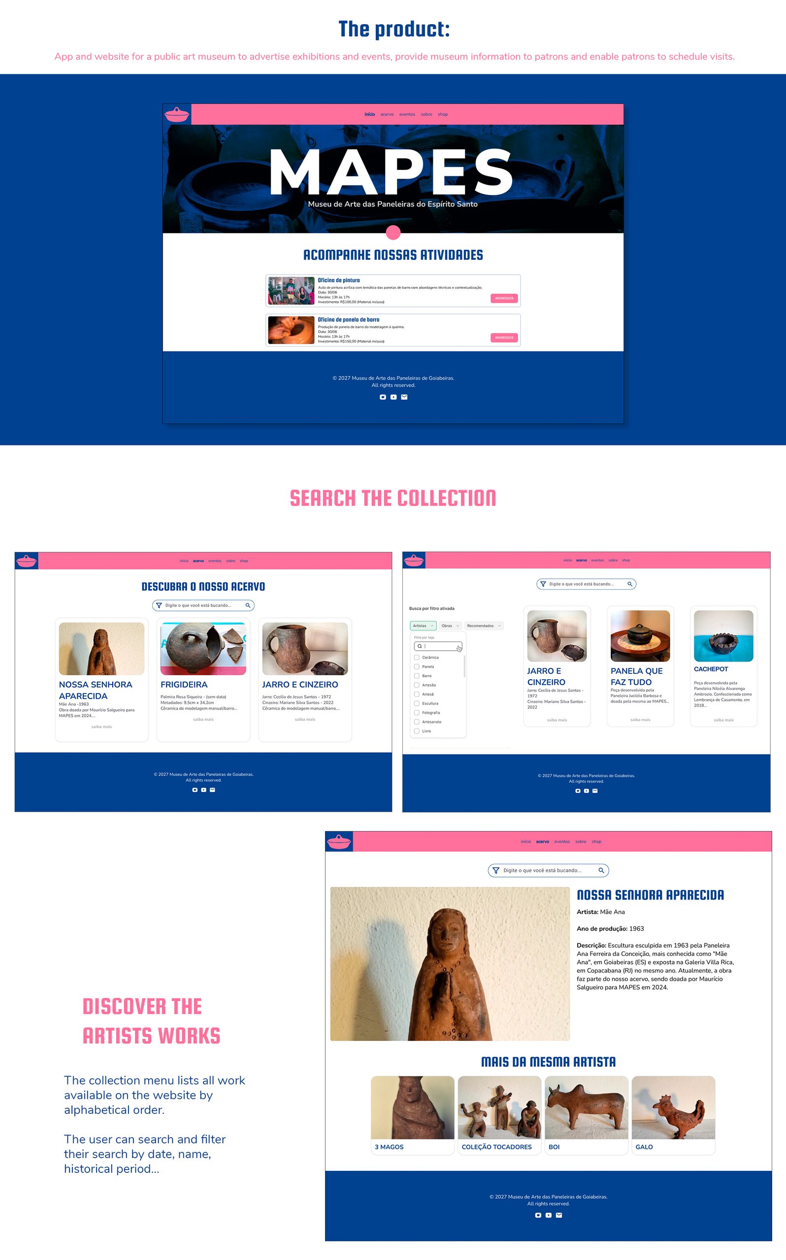 Homepage web design of MAPES museum of art of the traditional clay pot artisans of Espirito Santo. It contains search the collection page and detail about artwork page