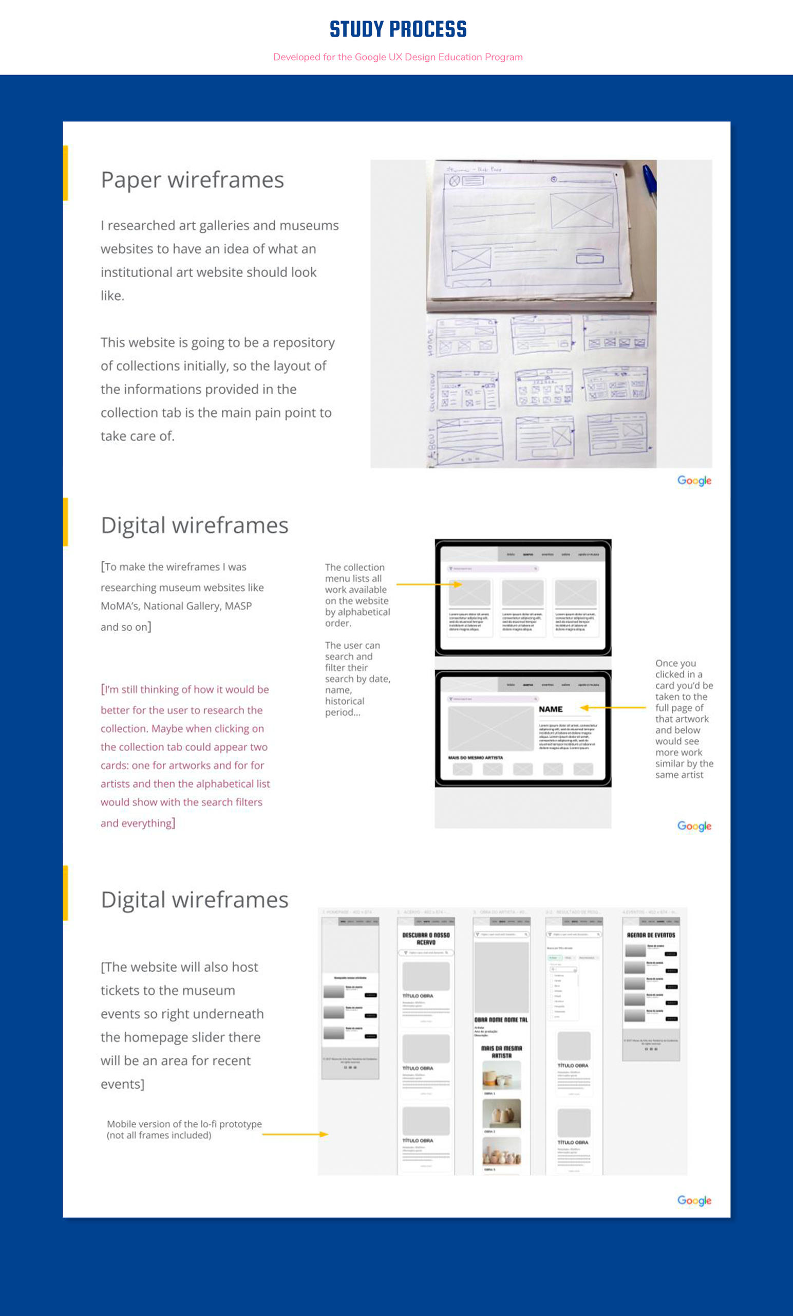 Presentation of a museum website developed for the local artisans. It shows the paper wireframes, digital wireframes and lo-fi responsive prototype
